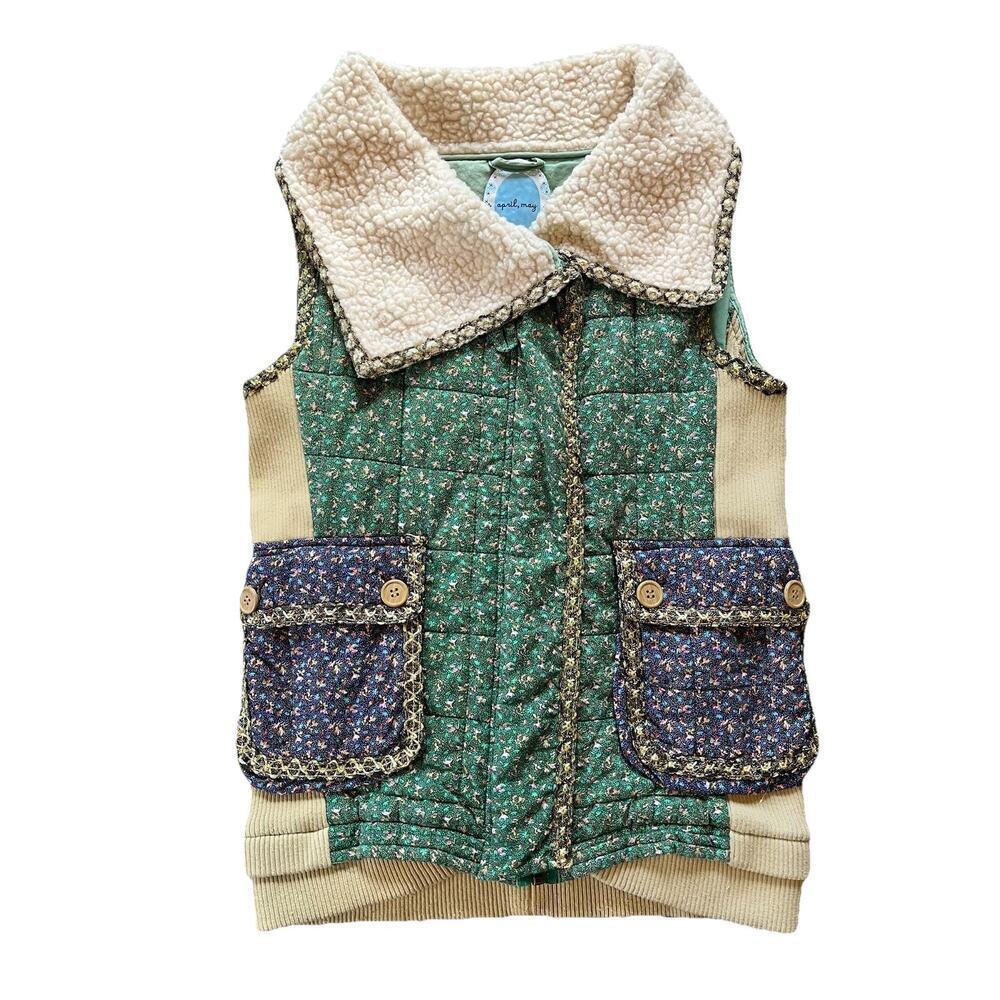 Green Quilted Floral Sherpa-Collar Vest with Contrast Pockets